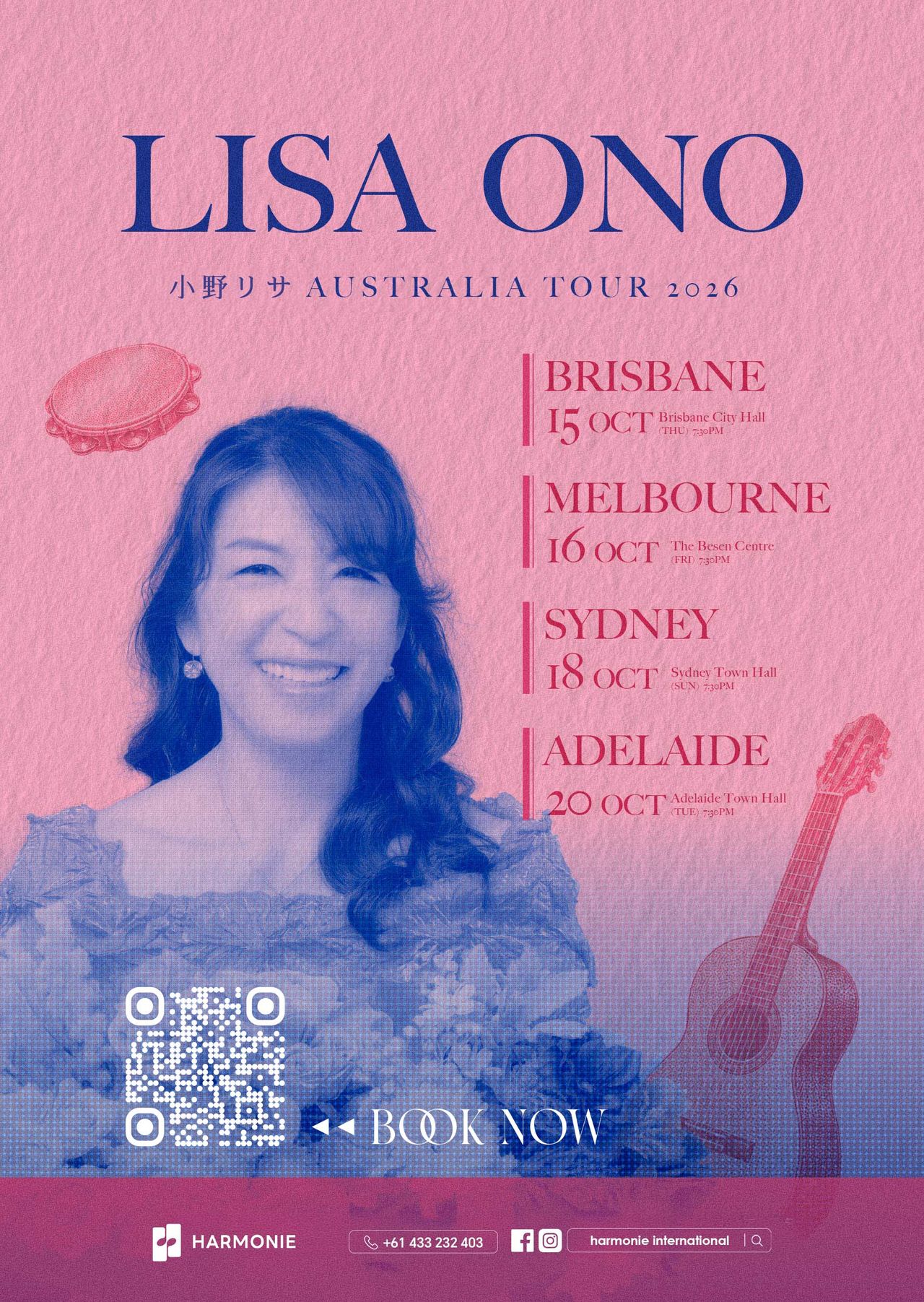 Pink Lisa Ono Australia Tour 2026 poster featuring a portrait of the artist, guitar graphic, and concert dates for Brisbane, Melbourne, and Sydney.